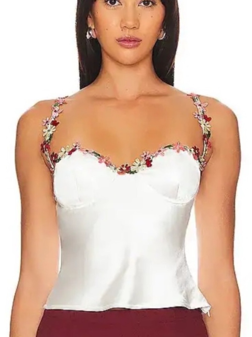 Embroidered Strap Satin Cami Top in White